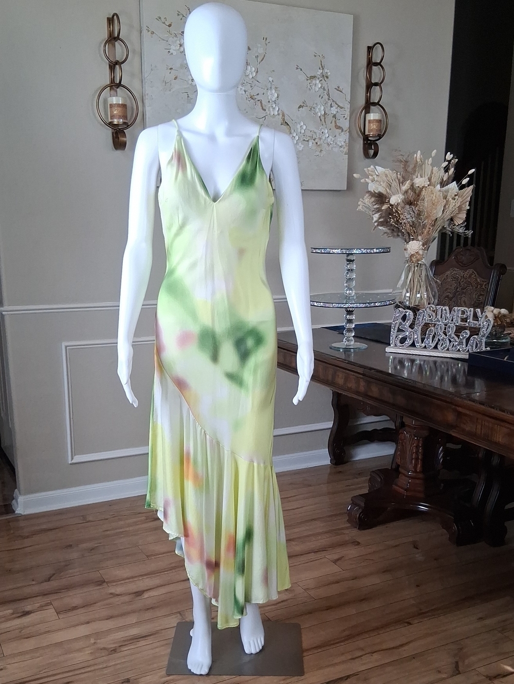 Women's Asymmetrical Summer Resort Slip Midi Dress in Lemon Tie-Dye Multi XS - Picture 3 of 16